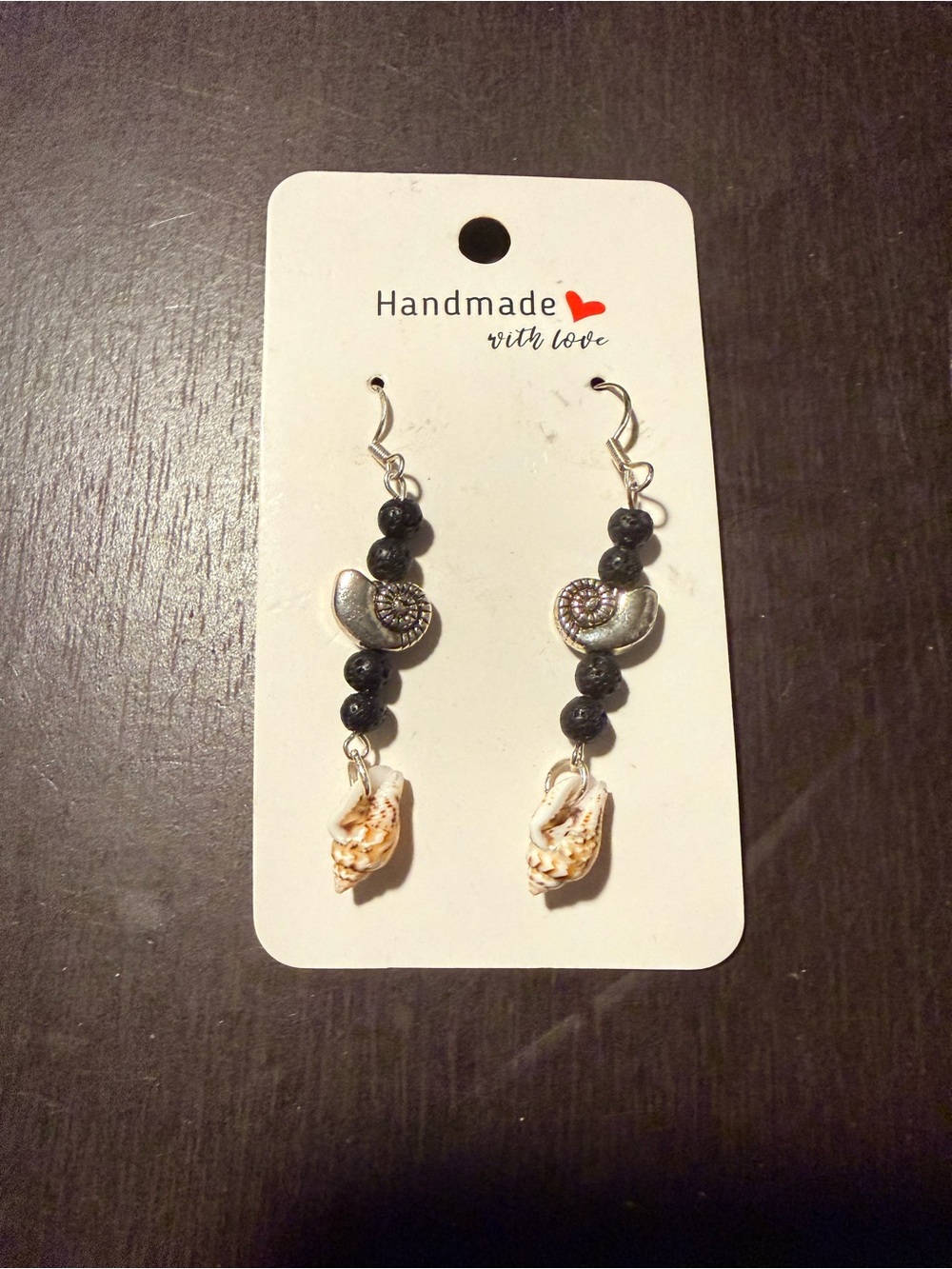 Handmade Black Lava Bead & Shell Drop Earrings- Sterling Silver Hooks